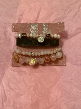 Stacked Pink Beaded Bracelet Set with Gold Accents